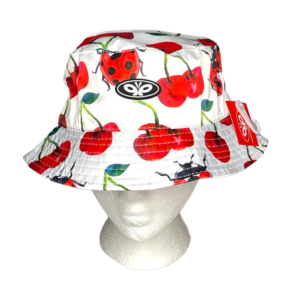 Petals and Peacocks Cherries and Ladybugs Bucket Hat White Red